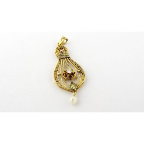 Vintage 14K Yellow Gold Diamond and Pearl Filagree Pendant #143 - Picture 4 of 7